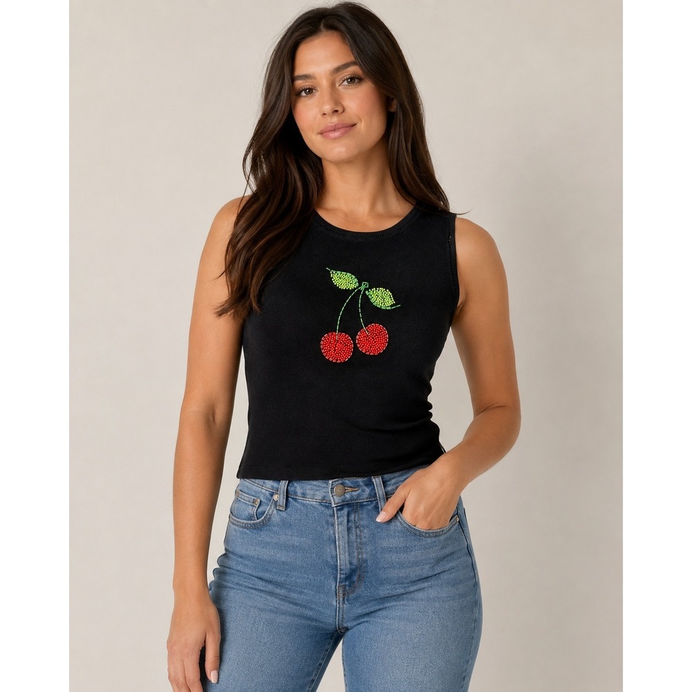 Sweaterworks Beaded Cherry Tank Top Women's L Black Sleeveless Knit